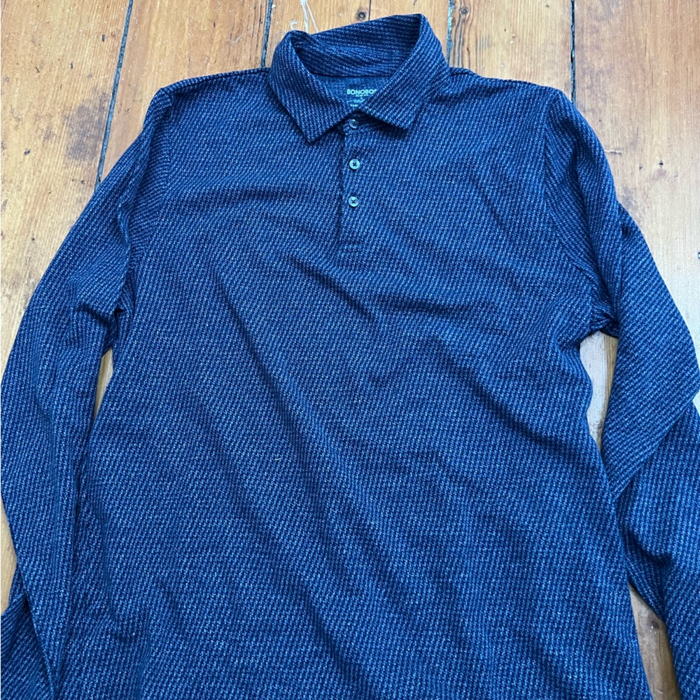 Bonobos long sleeve polo, blue herringbone (large)